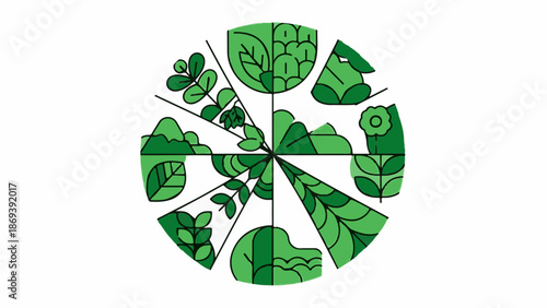 Geometric circle divided into segments, each with simplified green nature motifs