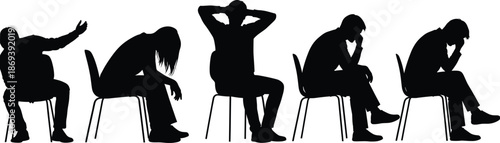 Silhouette people sitting on chairs showing stress, contemplation, emotional struggle, depression, anxiety vector illustration for psychology and mental health design