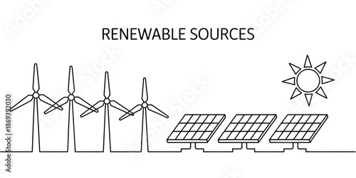 A line drawing of renewable energy sources including wind turbines and solar panels