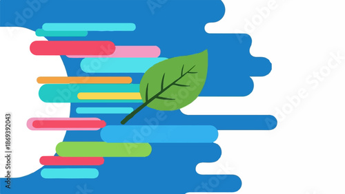 Green leaf on abstract blue background with colorful rounded horizontal lines