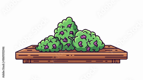 Green, leafy bushes with purple accents sit atop a rustic wooden platform