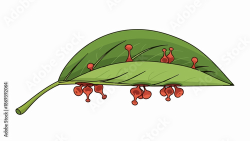 Green leaf with red, bulbous growths emerging from its surfaces