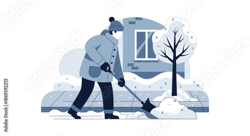 Man Shoveling Snow on Winter Day.