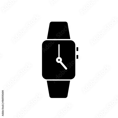 Smartwatch with analog clock hands, black silhouette vector icon
