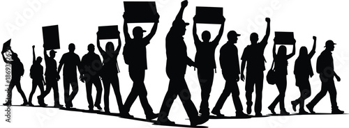 Silhouette vector illustration of diverse protest crowd holding signs and raising fists symbolizing unity, activism, demonstration, civil rights movement together