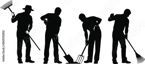 Silhouette vector illustration of people gardening with rake, shovel, pitchfork tools, outdoor landscaping, agriculture, farming, lifestyle design for projects.