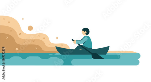 Man Sitting in Small Boat with Oars.
