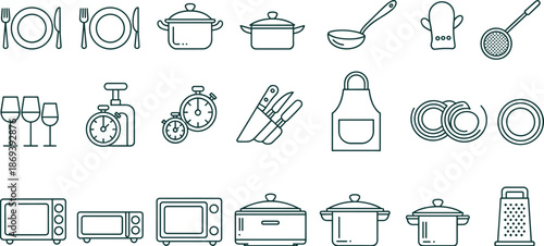 Black and white kitchen utensil and cookware icon set with plates pots appliances, minimalist line art vector collection