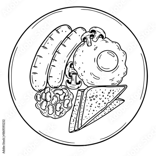 Minimalist line art illustration of a traditional breakfast plate featuring sausages, fried egg, baked beans, toast, and mushrooms. Hand-drawn vector sketch for coloring or food menus.