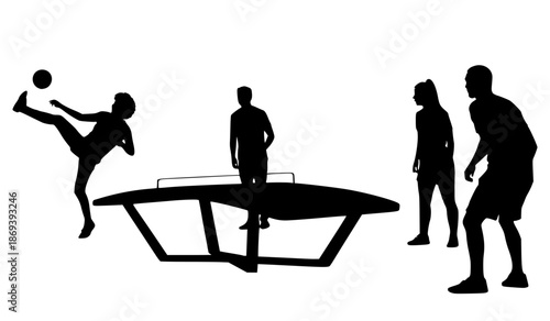 People playing teqball silhouette. Curved table soccer game with players kicking ball. Modern sport activity, outdoor recreation and fitness. Black vector illustration on isolated background.