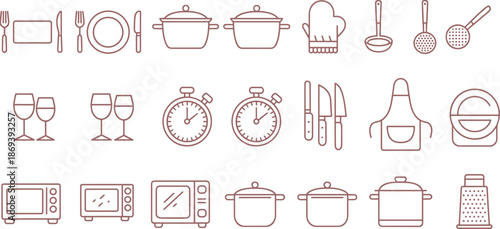 Black and white kitchen utensil and cookware icon set with plates pots appliances, minimalist line art vector collection