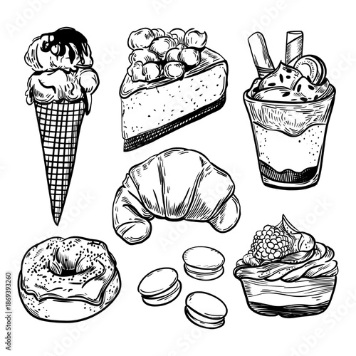 Vintage hand-drawn ink sketch set of delicious bakery desserts: donut, croissant, ice cream, cake, and macarons. Elegant black line art collection for cafe menus and pastry shop branding.