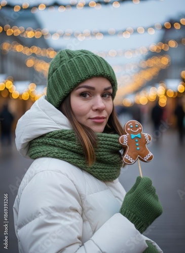 Young woman with a joyful expression holding a gingerbread cookie against a festive background
