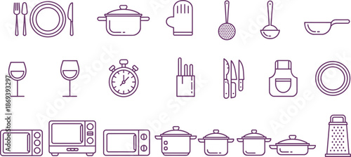 Black and white kitchen utensil and cookware icon set with plates pots appliances, minimalist line art vector collection