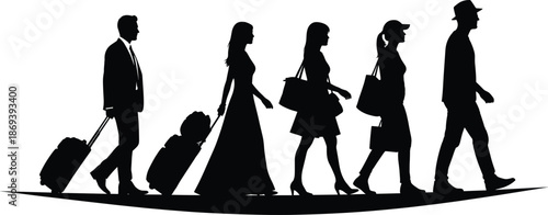 Silhouette vector of diverse travelers walking with luggage, airport people illustration for tourism, transport, journey, and travel concept design
