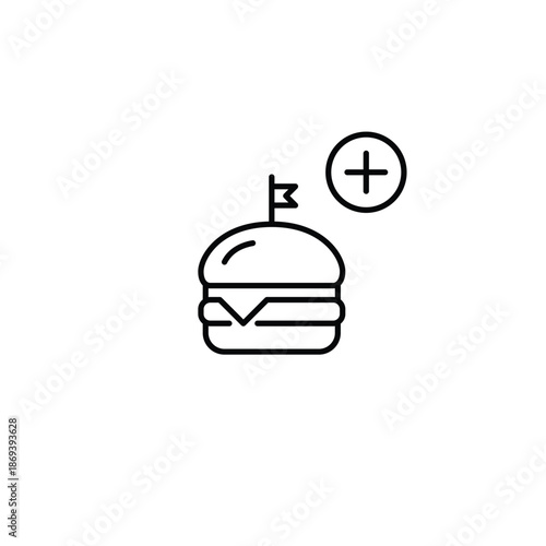 Add meal to order. Burger and plus symbol. Extra food. Pixel perfect, editable stroke vector icon