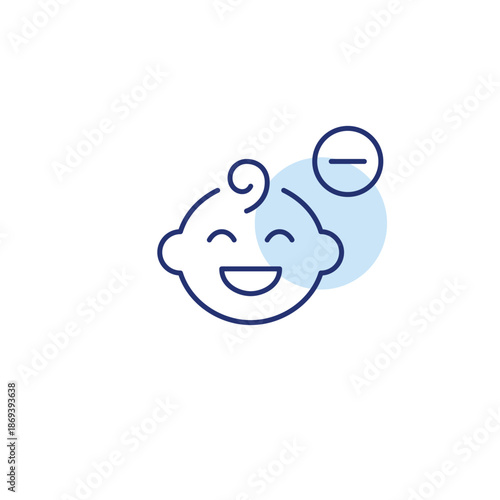Smiling baby boy and minus symbol. Care reduced, parenting unavailable. Pixel perfect, editable stroke vector icon