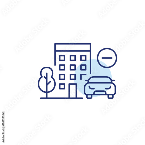 Car parking restriction, no vehicle access in residential area. Apartment building, tree and minus. Pixel perfect, editable stroke vector icon