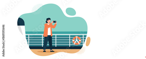 Man Taking Picture on Cruise Ship Deck.