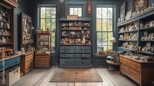 A cluttered antique shop with various items on display in a cozy room