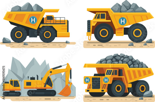 Heavy mining machinery illustration set, dump trucks and excavator, construction vehicles, quarry equipment, industrial transport, flat vector design