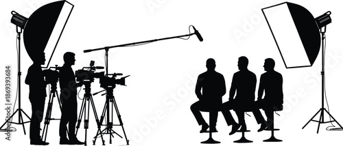 Silhouette vector of professional video recording studio setup with cameramen, boom microphone, studio lights, and interview panel discussion scene illustration