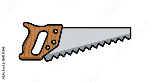 Illustration of a hand saw with a wooden handle and serrated metal blade used for cutting wood and other materials