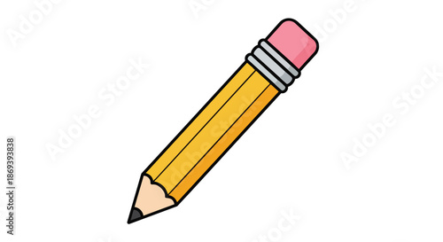 Colorful cartoon style eraser attached to a bright yellow pencil with a pink rubber tip and a black sharpened point for creative drawing and writing