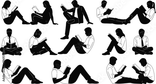 Silhouette vector set of people reading books in relaxed seated poses, educational and lifestyle concept for design and learning themes