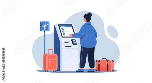 Man using airport self check-in kiosk.
