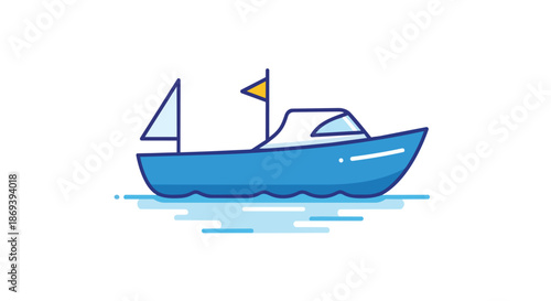 Minimalist illustration of a sleek blue yacht floating peacefully on calm water with a small flag waving, capturing serene maritime elegance and