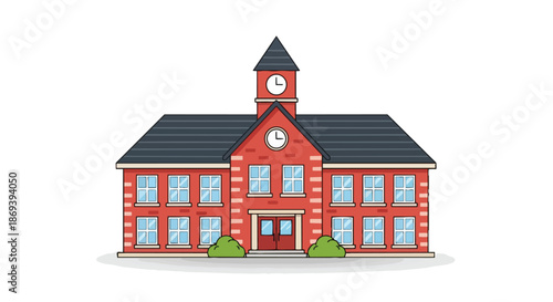 Illustration of a classic red school building with a clock tower and lush green bushes under a clear sky designed for educational or institutional