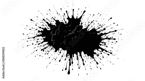 A black ink splatter with many small droplets radiating outwards on a white background.