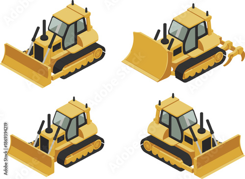 Isometric bulldozer illustration set, construction heavy equipment, crawler tractor with blade, industrial machinery, earthmoving vehicle, flat vector design