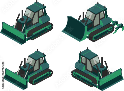 Isometric bulldozer illustration set, construction heavy equipment, crawler tractor with blade, industrial machinery, earthmoving vehicle, flat vector design