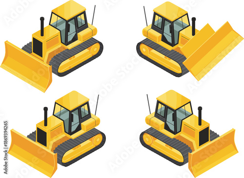 Isometric bulldozer illustration set, construction heavy equipment, crawler tractor with blade, industrial machinery, earthmoving vehicle, flat vector design