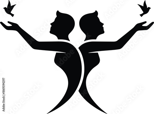 Abstract mirrored female silhouette releasing birds symbolizing freedom balance duality harmony empowerment minimal black and white vector illustration
