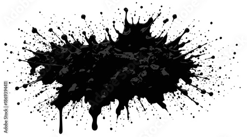 A dynamic black ink splatter with numerous droplets and splashes against a white background.