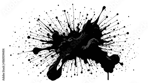 A dynamic black ink splash exploding outwards against a stark white background, creating a sense of chaotic energy and abstract art.