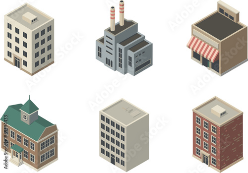 Isometric city buildings set including residential, industrial, commercial, office, and public architecture illustrations isolated