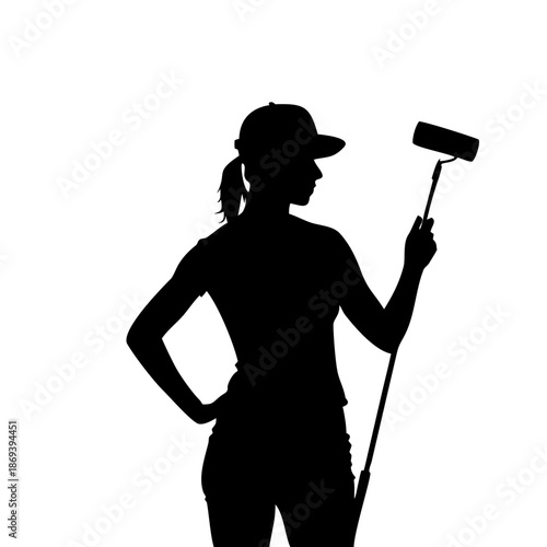 Female House Painter Silhouette Vector Holding Paint Roller Isolated on White Background for Renovation and DIY