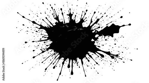 A black ink splatter with many thin, sharp, and irregular lines radiating outwards from a central blob.
