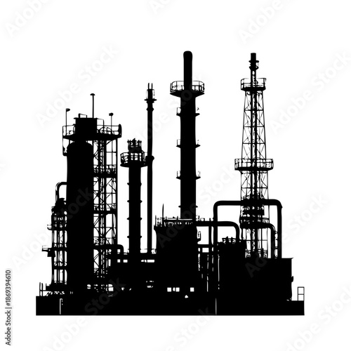 Industrial Factory Plant Silhouette Vector Icon with Oil Refinery Tanks and Pipes Isolated on White