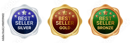 Best Seller Badge Set in Gold, Silver and Bronze, Premium Award Label Stickers with Stars, Shield Style Bestseller Emblem, Sales Ranking Medal Vector Illustration