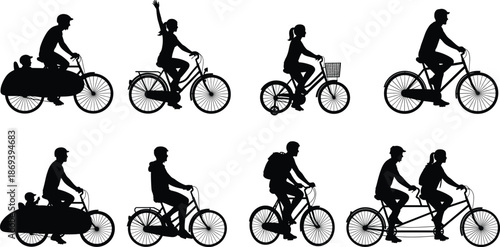 Silhouettes of diverse bicycle riders including cargo bikes, tandem cycling, family transport, urban commute, and lifestyle cycling scenes
