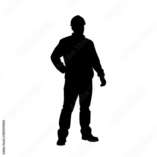 Male Construction Worker or Engineer Silhouette Vector Standing in Hard Hat and Workwear Isolated on White
