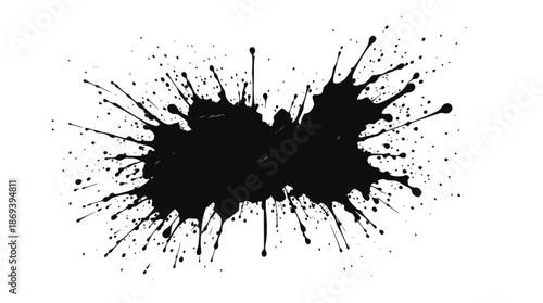 A black ink splatter with many small droplets radiating outwards on a white background.