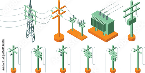 Isometric electric power transmission icons set, utility poles transformers high voltage lines, electricity distribution infrastructure, energy grid, vector illustration