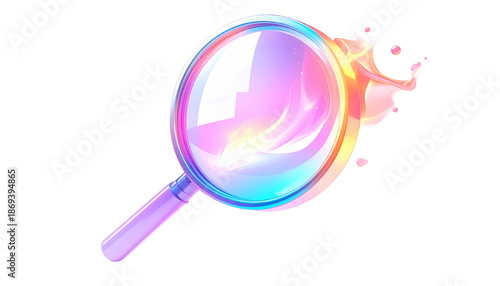 A glowing, stylized magnifying glass with colorful iridescent splash