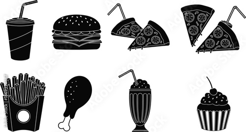 Silhouettes of fast food icons including burger, pizza, fries, drink, milkshake, drumstick, cupcake, snack items for menu design